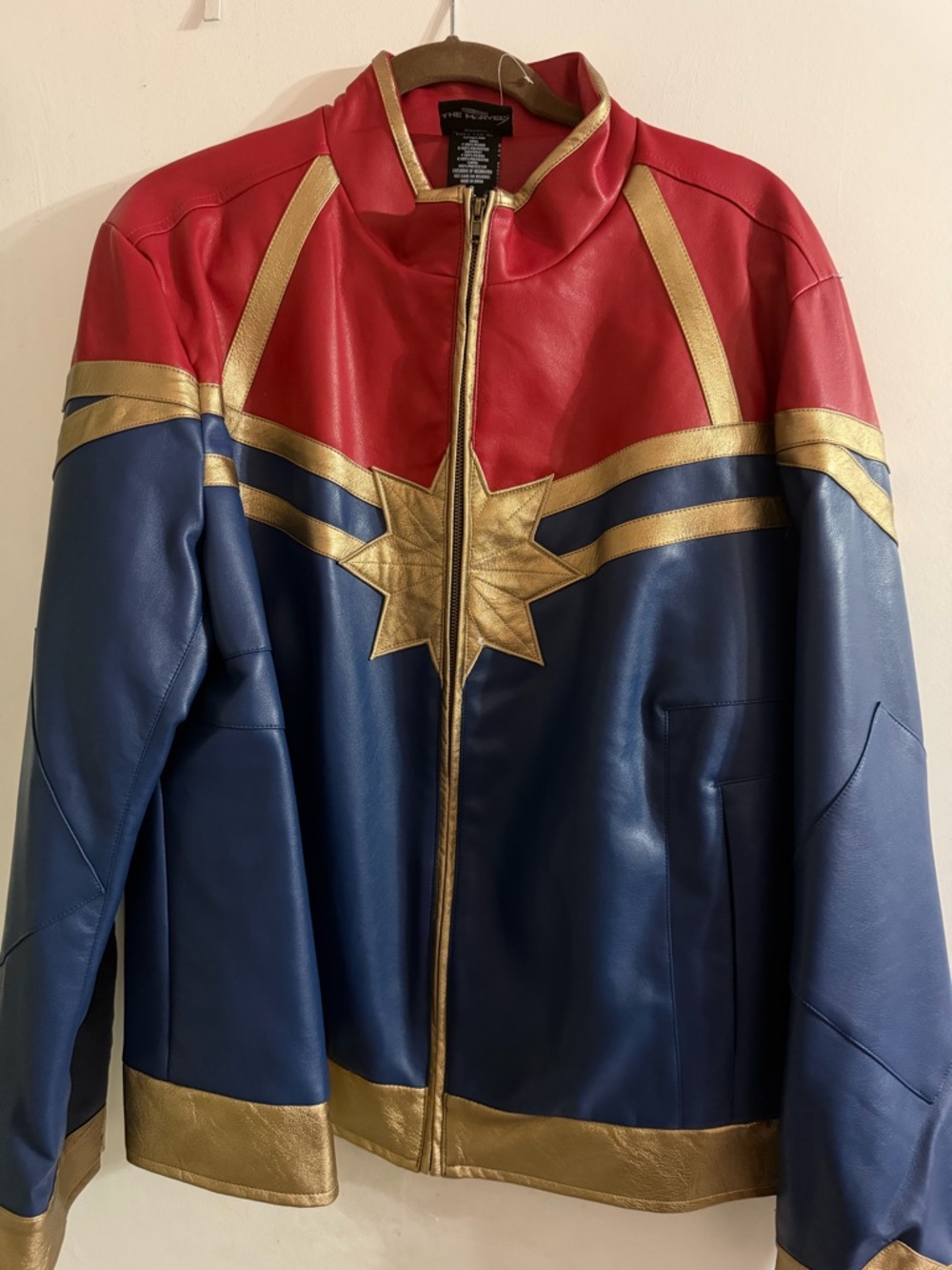 Captain Marvel Inspired Red, Blue & Gold Leather Jacket